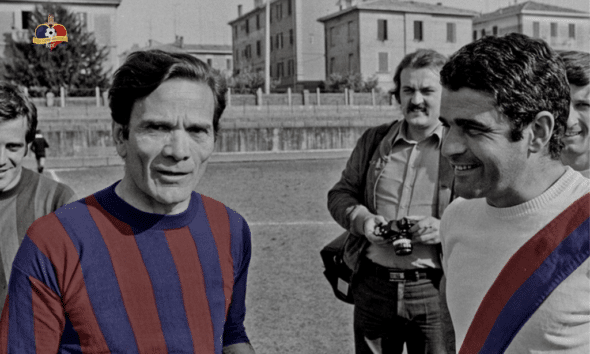 Pier Paolo Pasolini e Marino Perani nel 1975 (Original shot by Paolo Ferrari, colorized by 1000 Cuori Rossoblu)