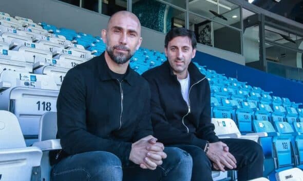 Marco Di Vaio, Ds del Bologna, insieme a Diego Milito, presidente del Racing Avellaneda