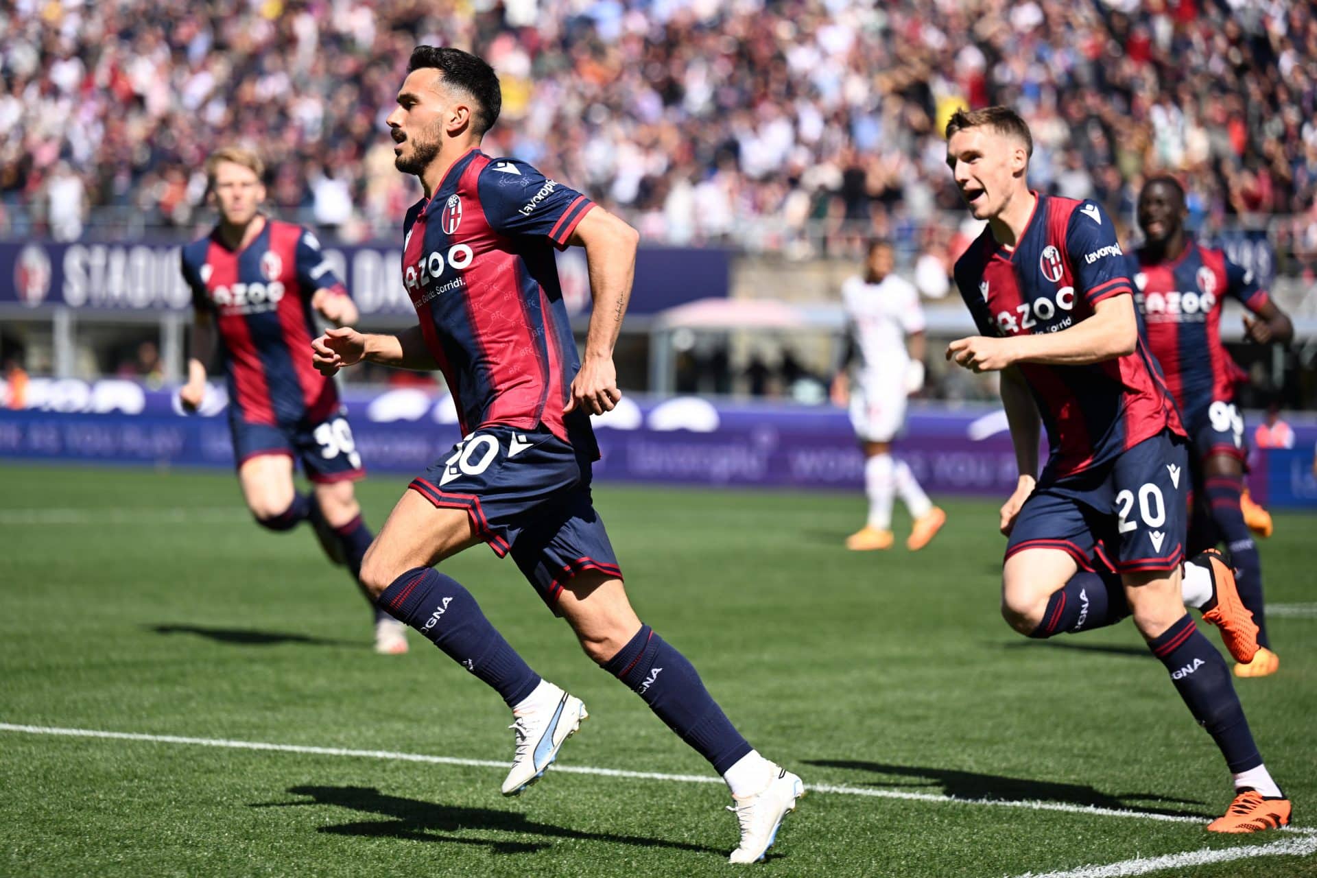 L'esultanza di Nicola Sansone con i compagni dopo un gol