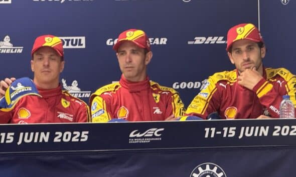 I piloti della Ferrari #51 Calado, Pier Guidi e Giovinazzi hanno rilasciato le loro dichiarazioni dopo la 24 Ore di Le Mans 2025 (© 1000 Cuori Rossoblu - Giulia Giacomelli)
