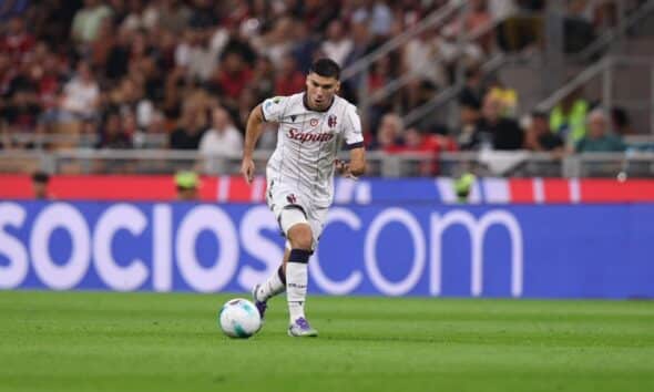 Nicolò Cambiaghi in azione in Milan-Bologna (© Bologna FC 1909)