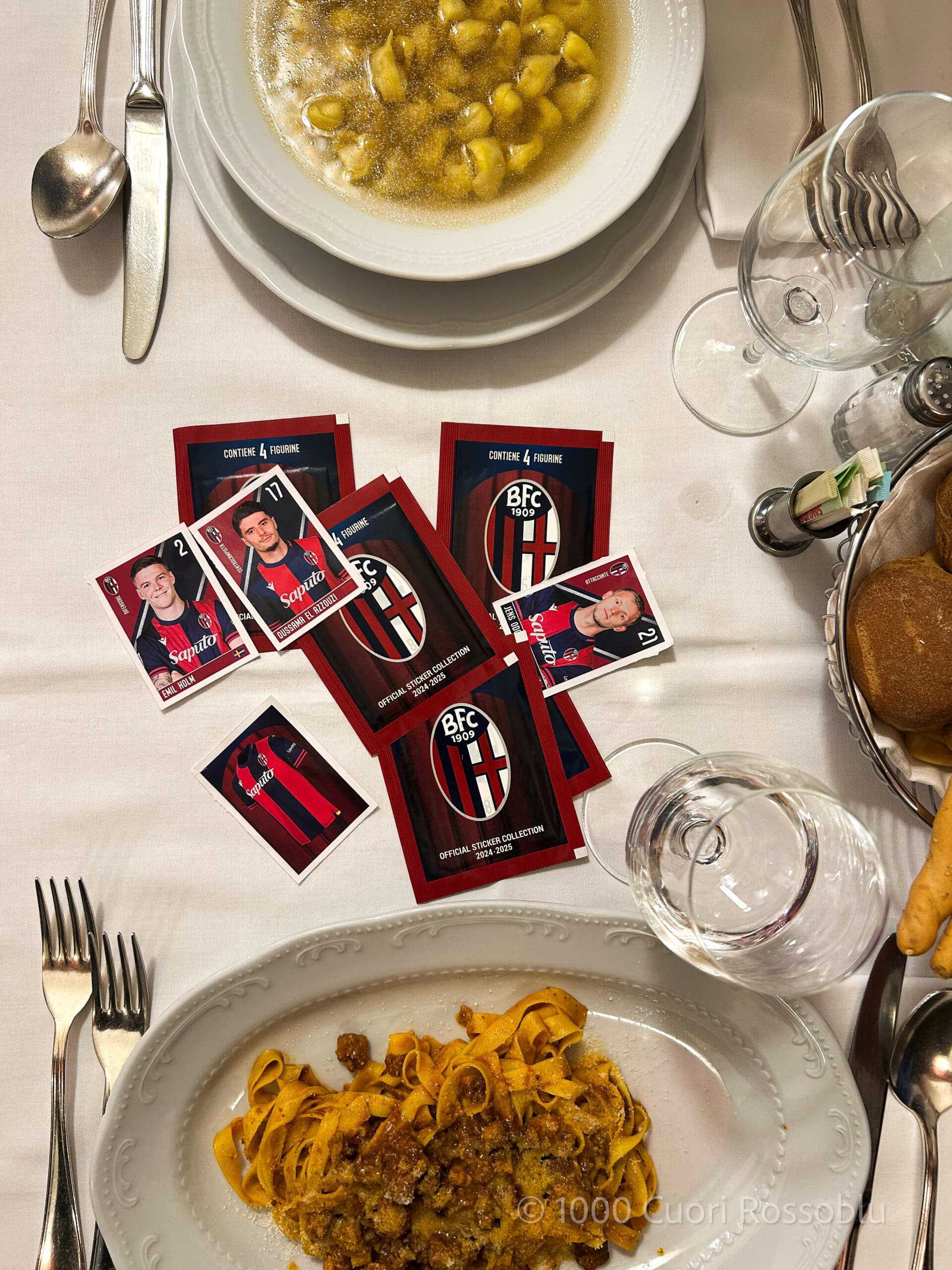Eating tortellini and tagliatelle al ragù whereas exchanging Bologna FC stickers