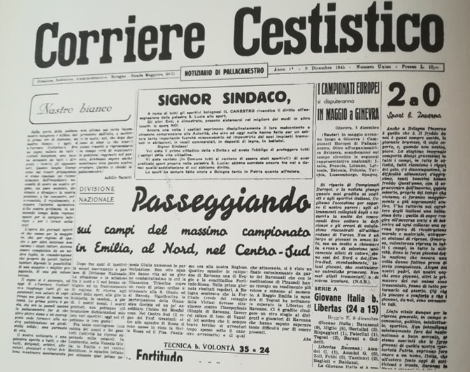 Virtus Pallacanestro Dodicesima puntata. La Virtus fu costretta ad abbandonare la Santa Lucia nel 1944. Ecco Il primo numero del Corriere Cestistico è il numero unico dell'anno 1, uscito l'8 dicembre 1945 con il vano appello al Sindaco per la riassegnazione alla Virtus della gloriosa palestra