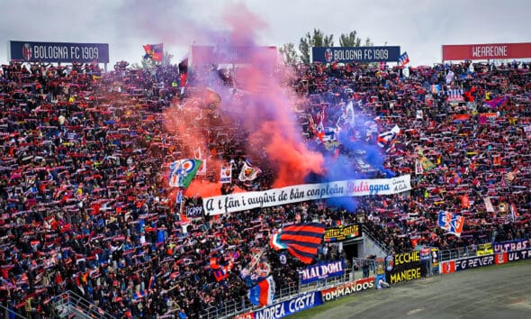 Lo striscione della Curva Andrea Costa per il 116° compleanno del Bologna, prima di Bologna-Pisa (© Eugenio Fontana - 1000 Cuori Rossoblù)