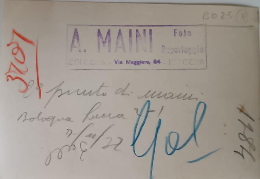 Retro della fotografia che mostra la rete di Bruno Maini in Bologna-Lucchese del 1937