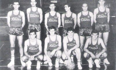 Virtus Pallacanestro Venticinquesima puntata. La Virtus 1963/64. In poedi: Borghetti, Calebotta, Bonetto, Zuccheri, Alesini, Rossi. Sotto: Pellanera, A. Giomo, Lombardi, Tesoro.