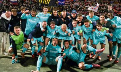 Il Bologna festeggia la vittoria sul Salisburgo crediti Bologna Fc 1909