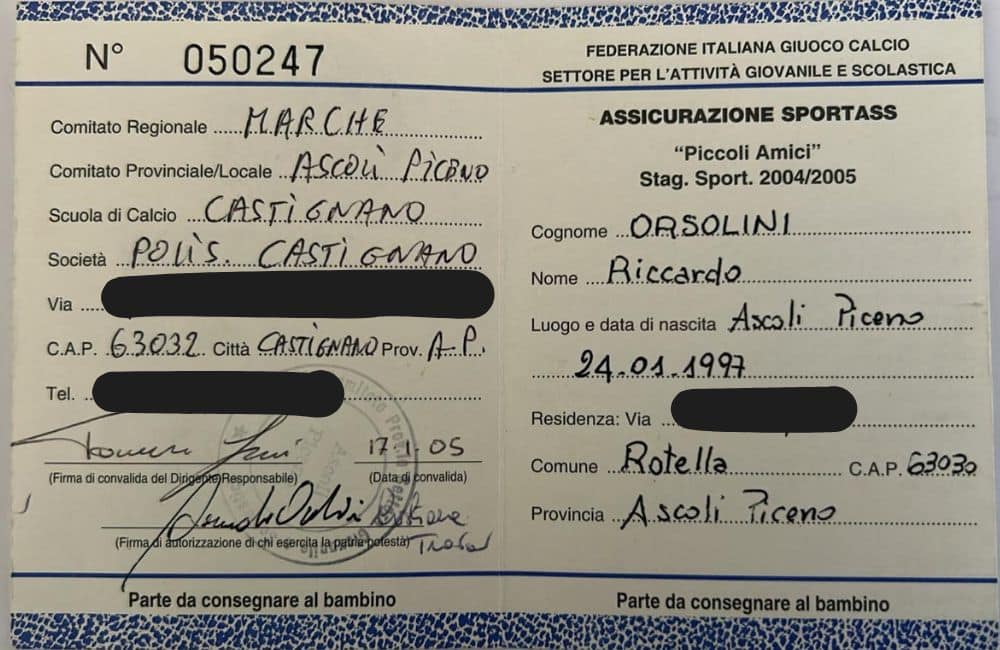 Il tesserino di Riccardo Orsolini (© Polisportiva Catignano)