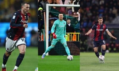 Federico Bernardeschi, Lukasz Skorupski e Remo Freuler (© Bologna FC 1909)