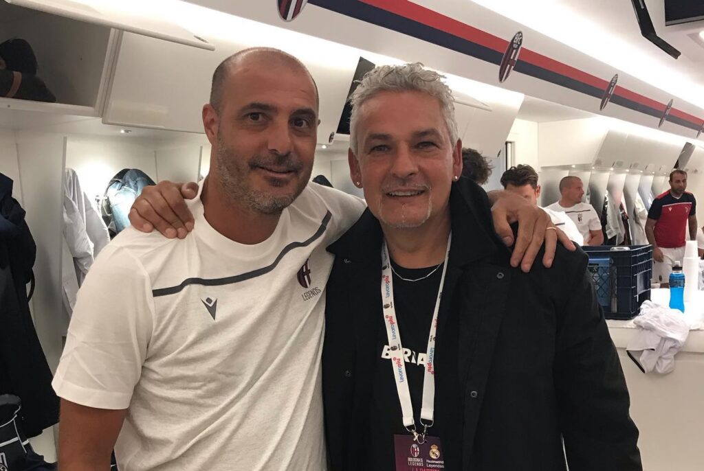 Marazzina e Baggio prima della gara delle Leggende tra Bologna e Real Madrid nel 2019 (IG Marazzina)