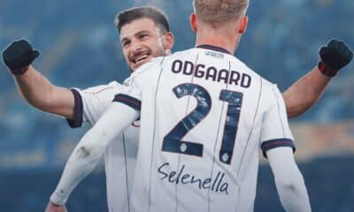 Orsolini e Odgaard festeggiano durante Hellas Verona - Bologna e il Bologna rialza la testa (@ Bfc 1909)