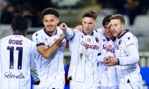 Rowe, Moro, Castro, Sohm e Bernardeschi festeggiano la rete contro il Torino crediti Bologna Fc 1909