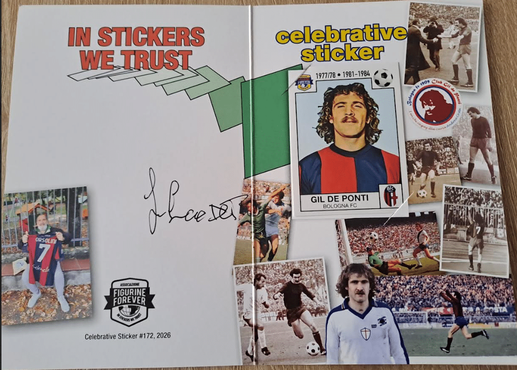 Figurina celebrativa autografata di Gil De Ponti al Bologna