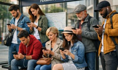 Persone alla fermata del bus che navigano sullo smartphone