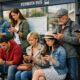 Persone alla fermata del bus che navigano sullo smartphone