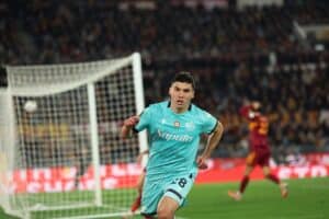 L'esultanza di Cambiaghi dopo l'impresa del 3-4 in Roma-Bologna (© Bologna FC 1909)