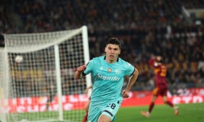 L'esultanza di Cambiaghi dopo l'impresa del 3-4 in Roma-Bologna (© Bologna FC 1909)