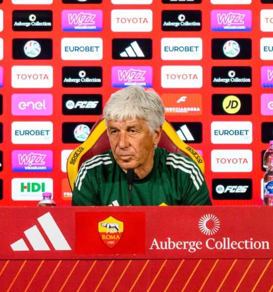 Gasperini alla conferenza stampa della vigilia di Bologna-Roma (© AS Roma)