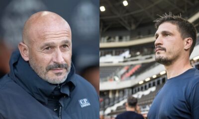 Vincenzo Italiano, tecnico del Bologna, e Fabio Pisacane, allenatore del Cagliari