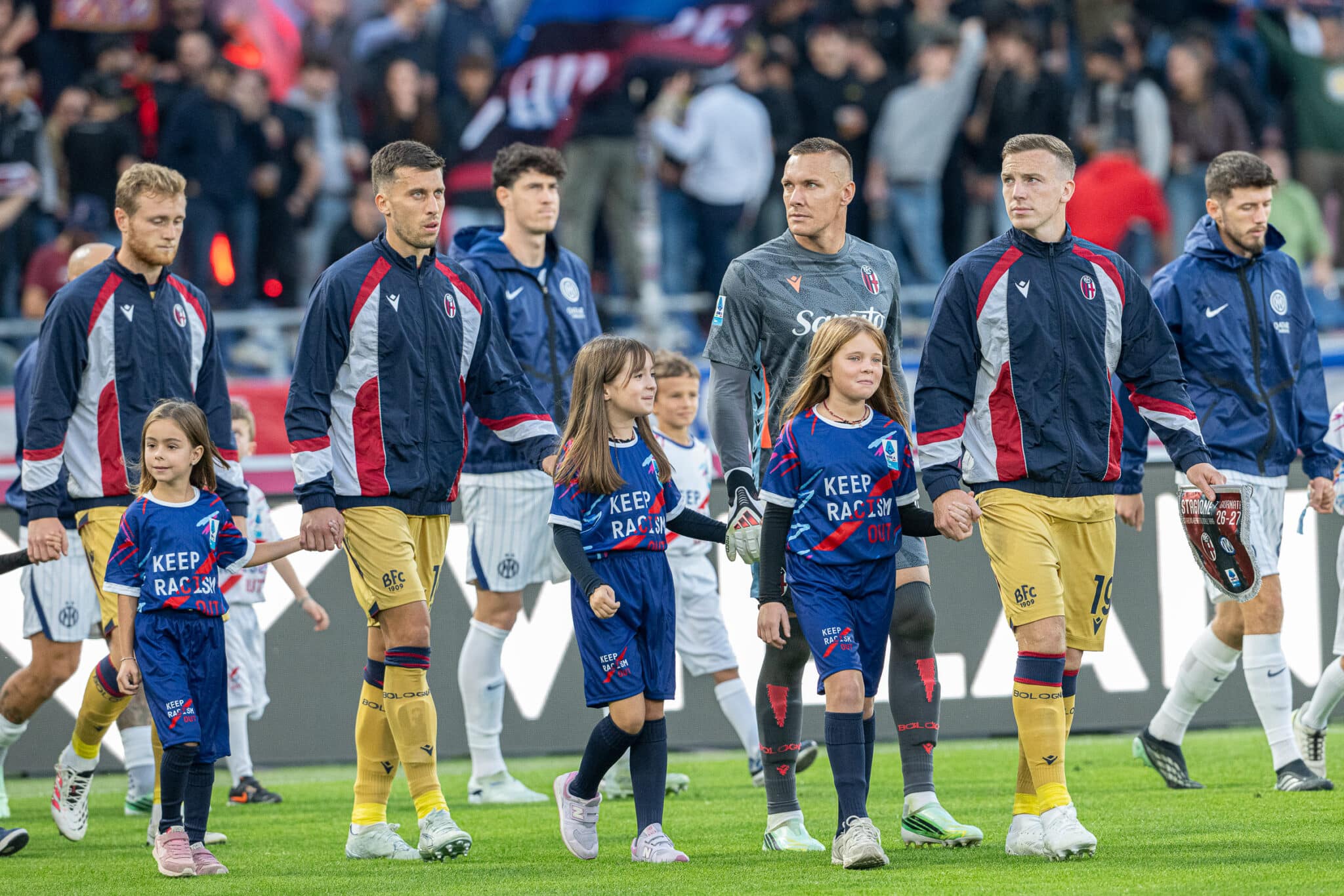 Casale, Skorupski, Ferguson e Pobega entra in campo per Bologna-Inter (© Damiano Fiorentini)