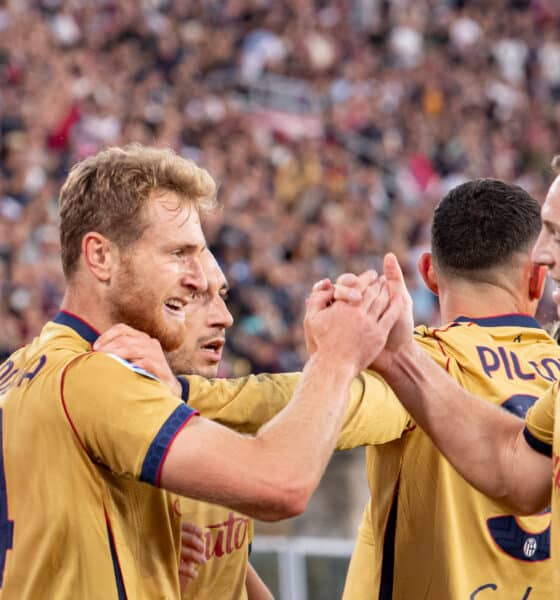 Tommaso Pobega e Lewis Ferguson esultano per il momentaneo 1-0 in Bologna-Inter (© Damiano Fiorentini)